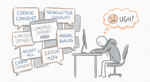 Frustrated person dealing with popups and signup forms